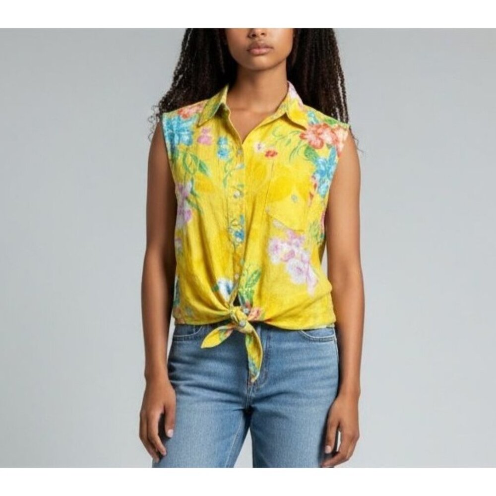 Vintage Lauren RL Linen Hawaiian Blouse L Yellow Floral Button Up Collared Tie